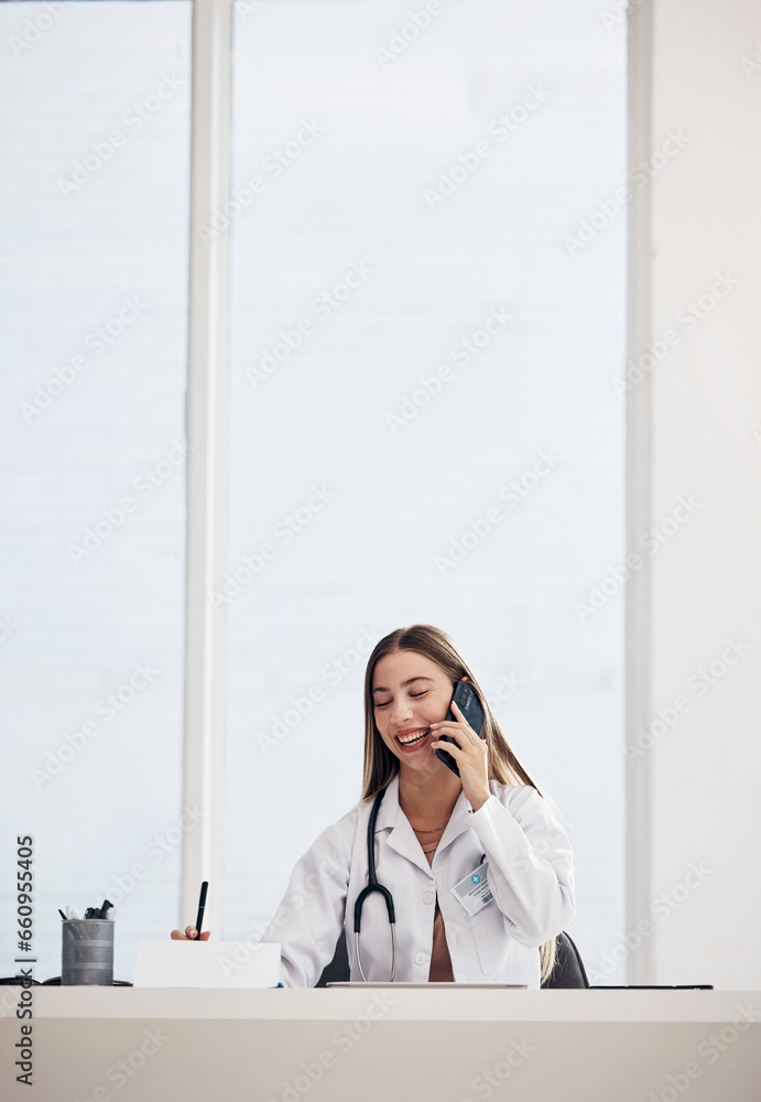 Phone call, woman and doctor with conversation, healthcare and connection with network, smile and digital app. Person, employee and medical professional with a smartphone, communication and surgeon