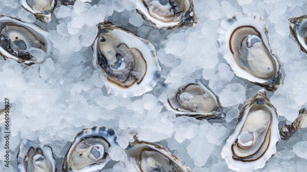 Fresh opened oyster offered as top view on crushed ice Fresh opened oyster offered as top view on crushed ice