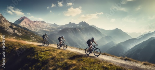 Three friends on bicycles enjoying a riding in the mountains landscape. Banner