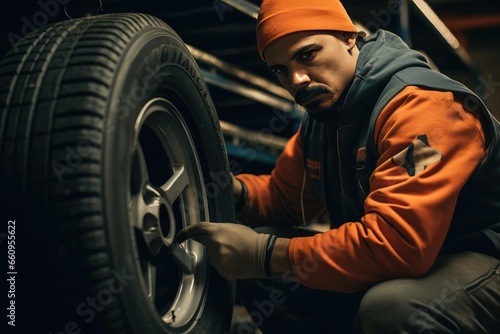 Tire shop worker changing a car wheel