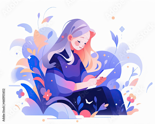 Flat abstract design of a girl reading book, minimalism illustration, website, Ul design