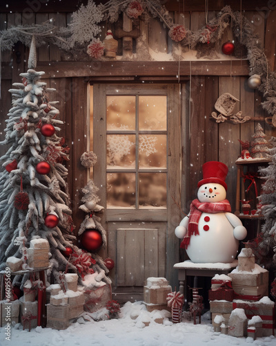 snowman on decorated wooden house background.