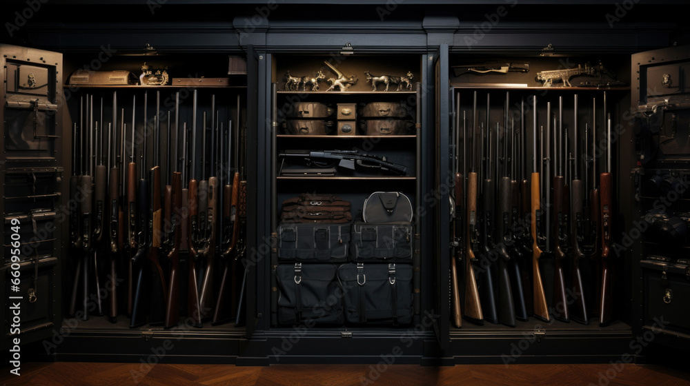Safe for firearms. The inside of a gun Safe storage of rifles