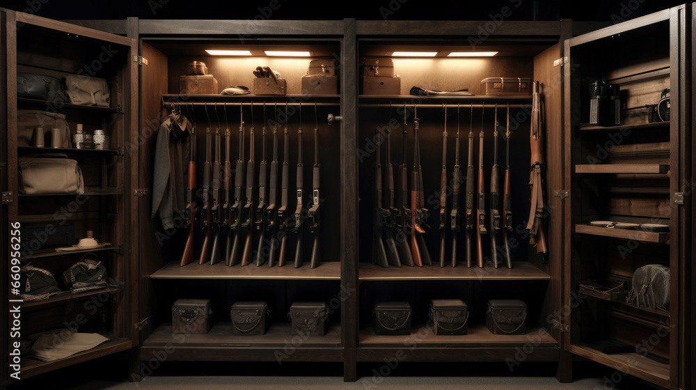 Safe for firearms. The inside of a gun cabinet. Safe storage of rifles, carbines, pistols. Black interior and gun holders. - obrazy, fototapety, plakaty 