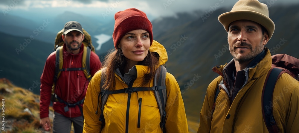 people climb the mountains along a mountain path. men and women in modern outfits of bright colors walk through the mountainous area. travel and tourism people climb the mountains along a mountain path. men and women in modern outfits of bright colors walk through the mountainous area. travel and tourism