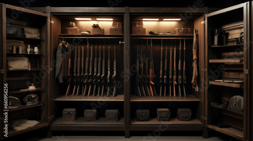 Safe for firearms. The inside of a gun cabinet. Safe storage of rifles, carbines, pistols. Black interior and gun holders.
