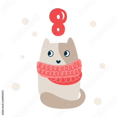 Christmas advent calendar with hand drawn cat. Day eight 8. Scandinavian style poster. Cute winter illustration for card, poster, kid room decor, nursery art