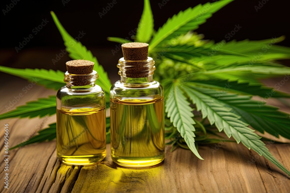 Cannabis oil in a bottle. Medical marijuana health benefits. Generative Ai Cannabis oil in a bottle. Medical marijuana health benefits. Generative Ai