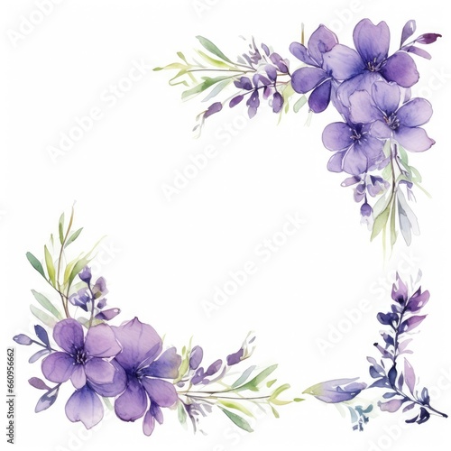 Watercolor floral wreath of purple flowers on a white background  lilac branches and foliage. Botanical illustration of flowers. Wedding decorations for design.