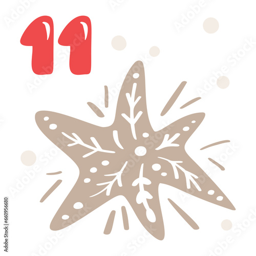 Christmas advent calendar with hand drawn element snowflake. Day eleven 11. Scandinavian style poster. Cute winter illustration for card, poster, kid room decor, nursery art