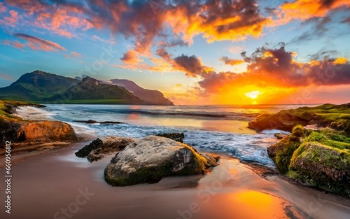 Beautiful sunset over mountain around beach sea ocean and rock ai generated