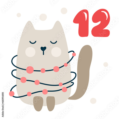 Christmas advent calendar with hand drawn cat. Day twelve 12. Scandinavian style poster. Cute winter illustration for card, poster, kid room decor, nursery art