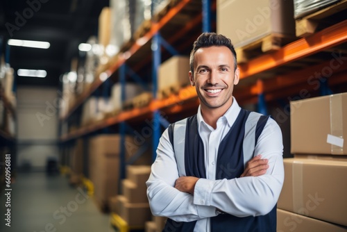 Portrait of smiling male industrial worker in warehouse storage center generative ai