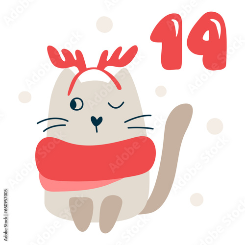 Christmas advent calendar with hand drawn cat. Day fourteen 14. Scandinavian style poster. Cute winter illustration for card, poster, kid room decor, nursery art
