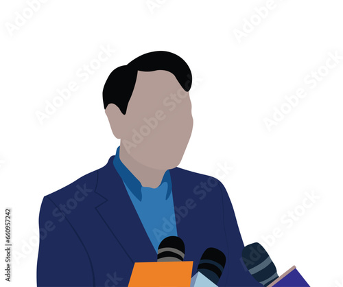 Famous man is being interviewed with several microphones nearby. Flat design vector illustration isolated on white background.