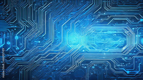Technology circuit board background illuminated by blue light photo