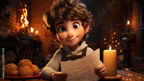 3D Cartoon Christmas Magic, Letter to Santa: Cozy Scene with Young Man, Cookies, and Christmas Spirit