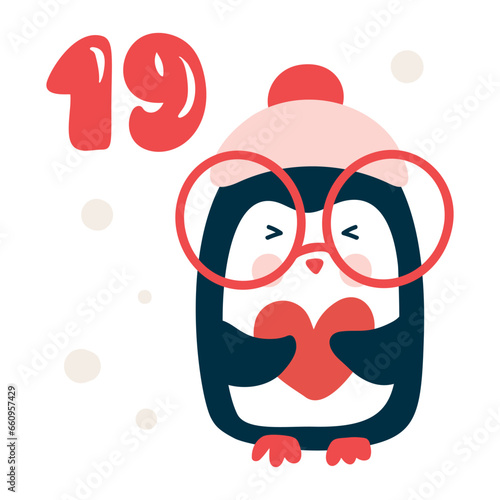 Christmas advent calendar with hand drawn element penguin. Day nineteen 19. Scandinavian style poster. Cute winter illustration for card, poster, kid room decor, nursery art