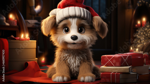 Cartoon Canine's Holiday Joy: 3D Dog with Santa Hat Amidst Gift Pile