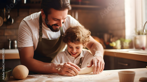 Un père et son fils en train de faire la cuisine. 