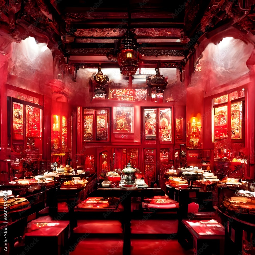 Fine Chinese restaurant with traditional architecture fine Chinese course meal many plates many