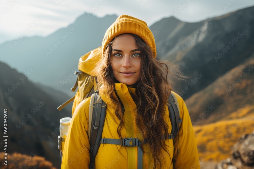 Girl in a yellow jacket in the mountains looks at the camera. Climbing the mountains to meet adventures. Tourism and travel