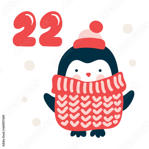 Christmas advent calendar with hand drawn element penguin. Day twenty two 22. Scandinavian style poster. Cute winter illustration for card, poster, kid room decor, nursery art