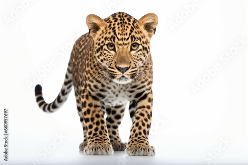 A leopard captured in a stunning pose against a plain white background