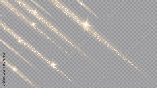 The dust sparks and golden stars shine with special light. Vector sparkles on a transparent background. . Stock royalty free vector illustration. PNG
