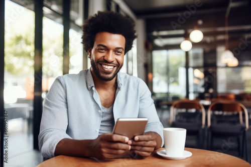 adult african american man works in the office with a smartphone and coffee. positive man working on smartphone, modern technology