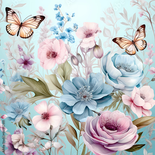Watercolor flowers and butterflies For decoration and design