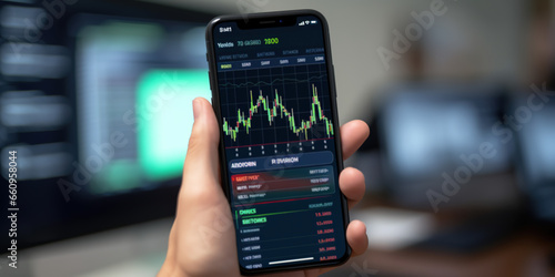 Close up of hand holding smartphone with stock chart trading interface on blur background