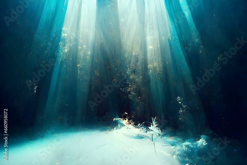 on a black background Bottom of water Inside a pool Underwater submerged water scenery diving in the water rays of light indigo blue white turquoise neon baroque white ink tarot card sbastien 