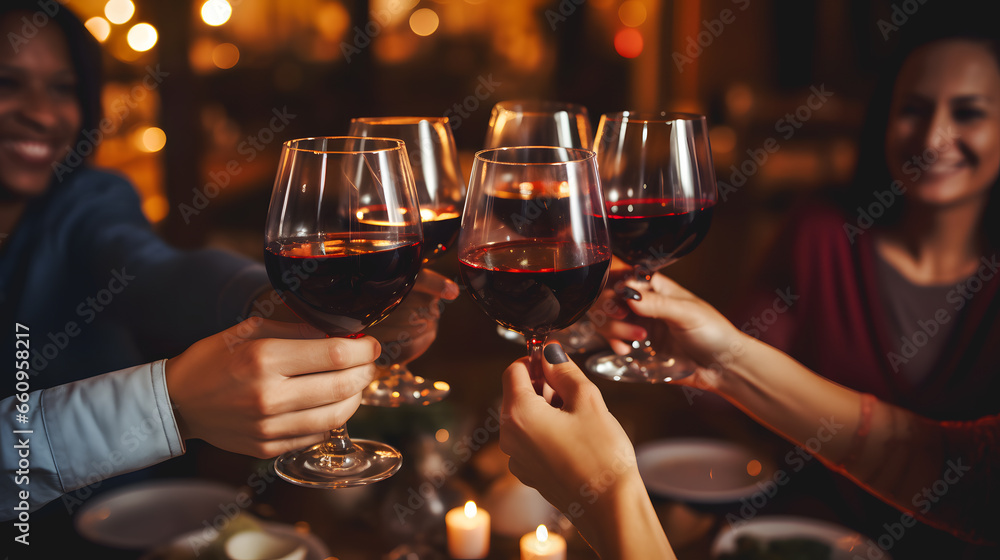 Des jeunes amis en train de boire un verre de vin rouge pendant une soirée festive.  - obrazy, fototapety, plakaty 