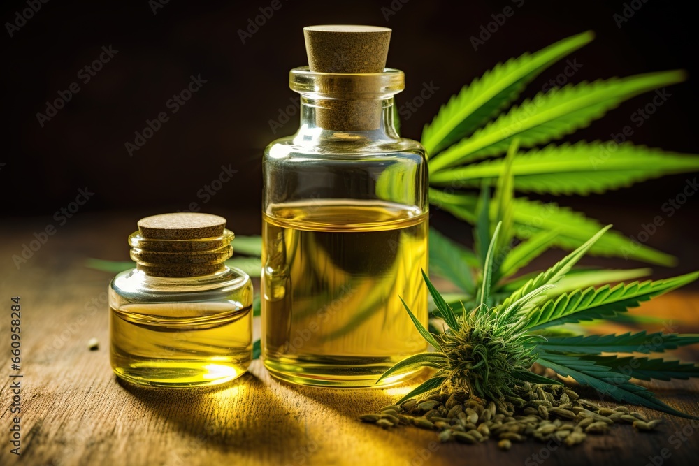 Cannabis oil in a bottle. Medical marijuana health benefits. Generative Ai Cannabis oil in a bottle. Medical marijuana health benefits. Generative Ai