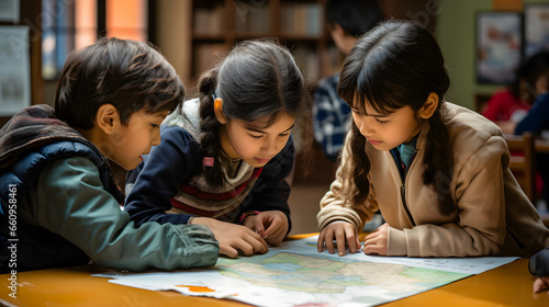 Des élèves à l'école en train d'étudier la géographie sur une carte. 