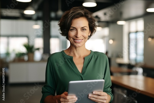 Portrait of an adult woman office tablet in her hands. Stylish adult woman smiling and looking at the camera against the backdrop of a modern coworking space.