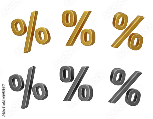 Gold and silver 3d percent sign, discount. Vector illustration isolated on white background.