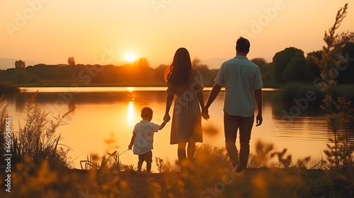 Un papa, une maman et leur fils se tenant la main de dos avec un coucher de soleil au bord de mer.