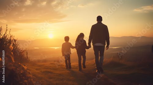 Un père, son fils et sa fille de dos avec un coucher de soleil pendant un voyage. 