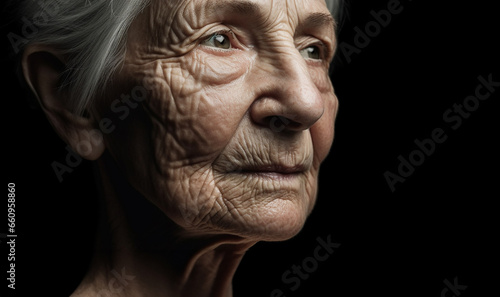Close-up wrinkles of a senior woman. Facial treatments. Anti-aging program, concept. Removal of wrinkles, age-related changes. Portrait of a beautiful natural old woman with wrinkles copy space