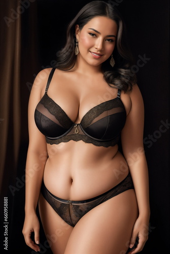 Beauty curve plus size fat woman in a black underwear lingerie in studio shot.Long dark hair.Digital creative designer fashion art.