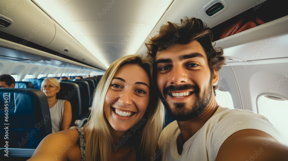 Un couple en train de se prendre en selfie dans l'avion lors de leur départ pour des vacances. Un couple en train de se prendre en selfie dans l'avion lors de leur départ pour des vacances.