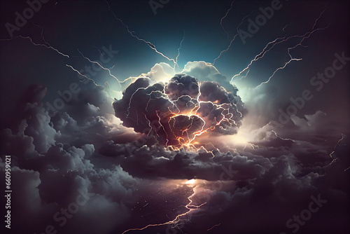 stormy sky with dark clouds, lightning flashes over the night sky. Concept on the theme of Severe Weather, natural disasters, natural basis for designer. 3D rendering. Raster illustration.