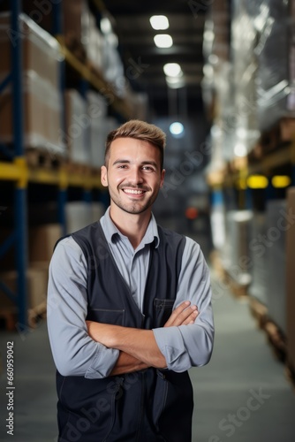 Portrait of smiling male industrial worker in warehouse storage center generative ai