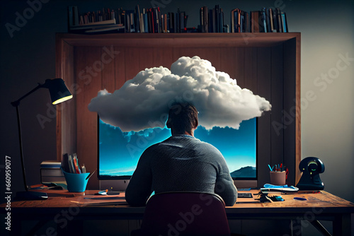 young businessman work with laptop under a rain cloud photo