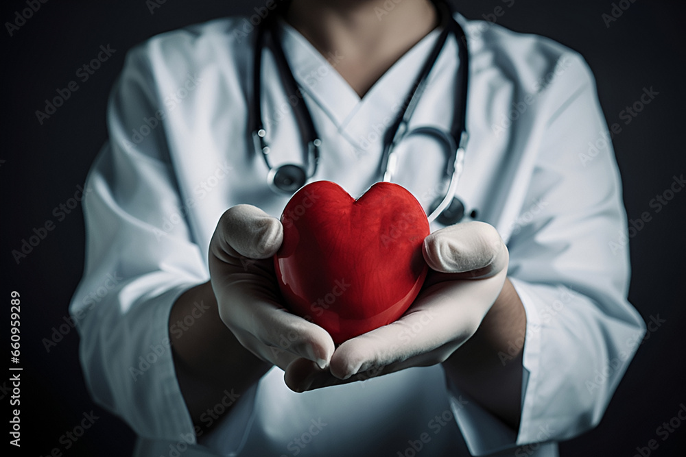 Female doctor with stethoscope holding heart, medical concept
