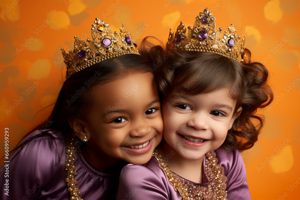 studio portrait of two little girls in princess Halloween costume, orange and purple colors, candid studio portrait of two little girls in princess Halloween costume, orange and purple colors, candid