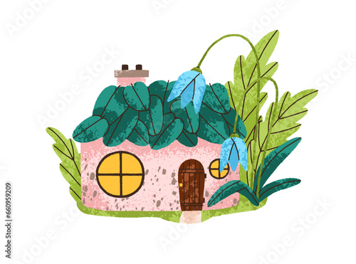 Fairytale home. Cute fantasy dwarf, gnome house in nature. Fairy tale small building with leaf roof, flower, little door, tiny window. Flat graphic vector illustration isolated on white background