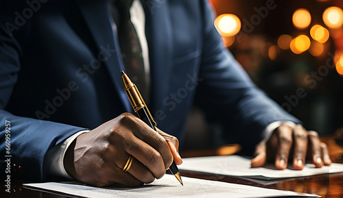 Businessman signs documents with a pen making the signature sitting at the desk . photo